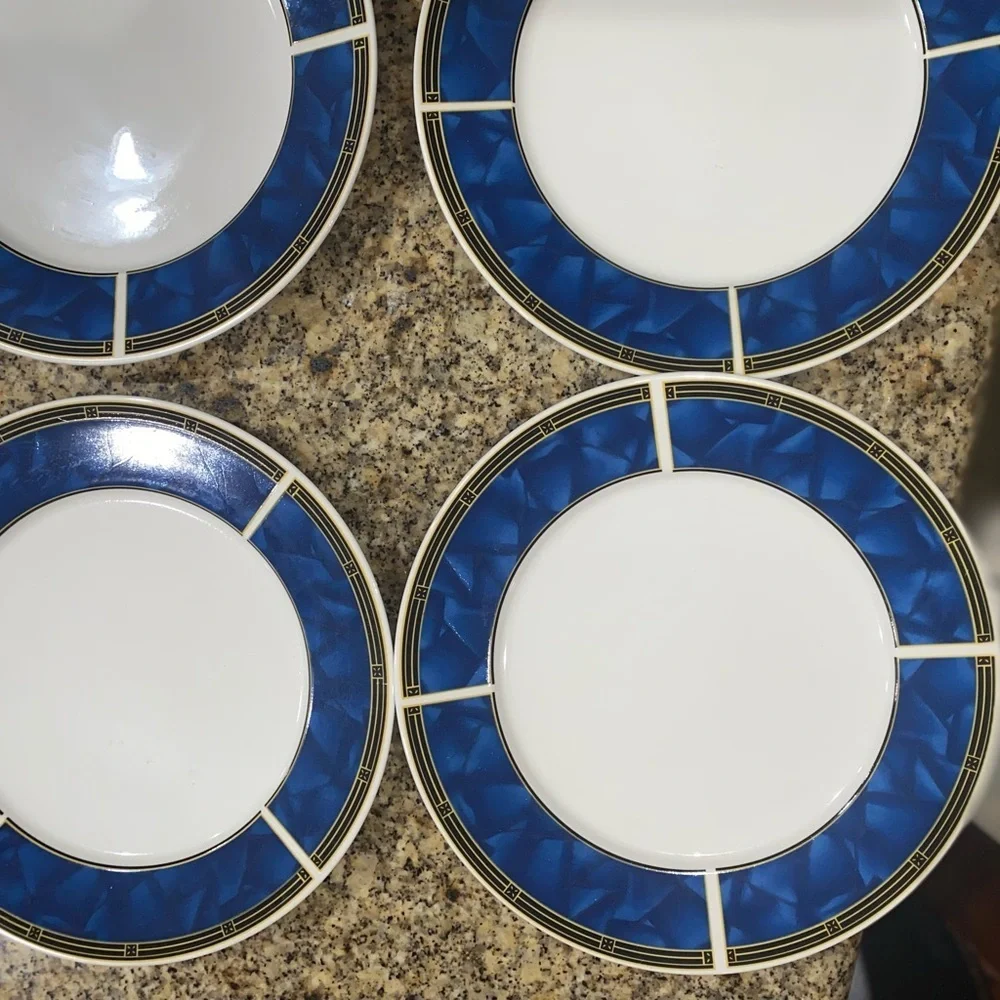 4 VTG Sapphire Sango 8822 MCM Stoneware Blue White Yellow 10.5”Dinner Plate Set